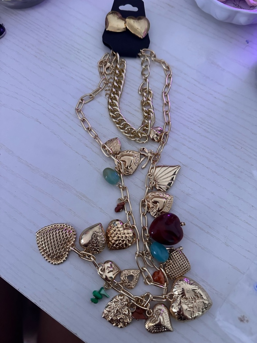 Gold-Tone Heart Charm Layered Necklace with Multicolor Accents